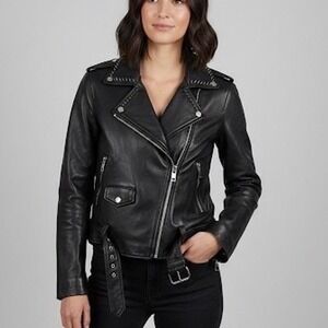 Walter Baker Black Lambskin Leather Studded Motorcycle Jacket XS Spikes Punk